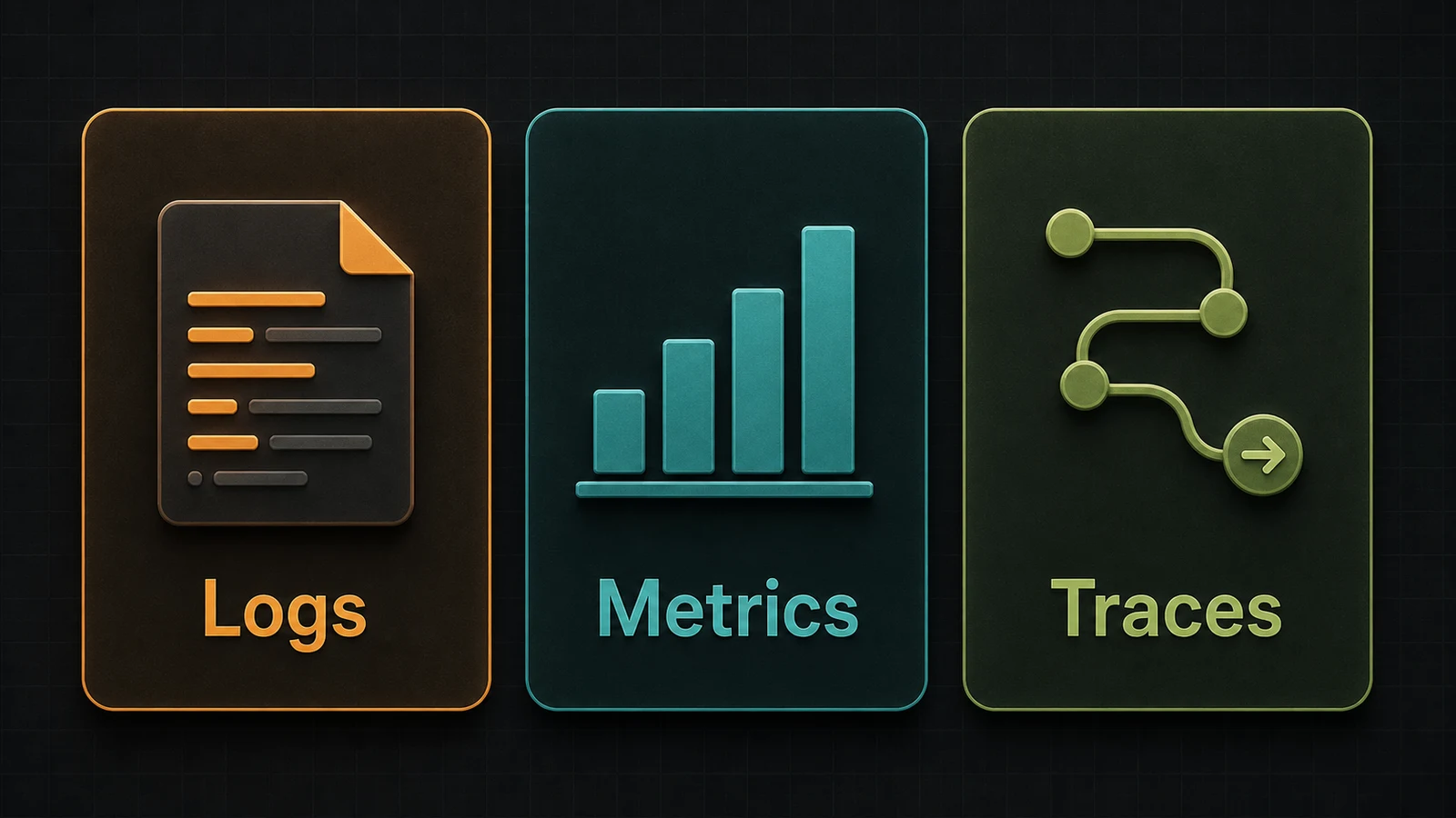 Illustration of three observability signals: Logs, Metrics, and Traces