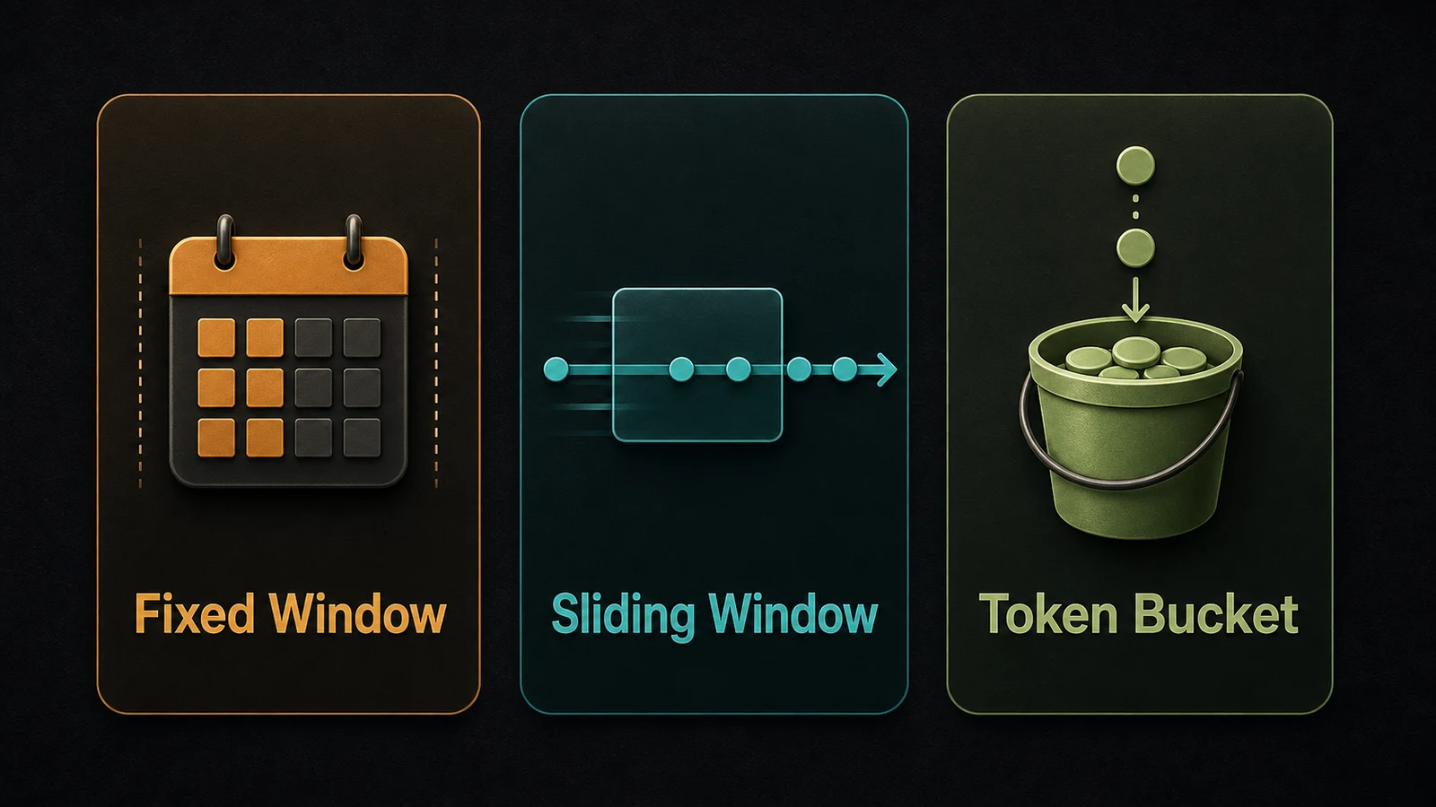 Illustration of rate limiting algorithms: Fixed Window, Sliding Window, and Token Bucket