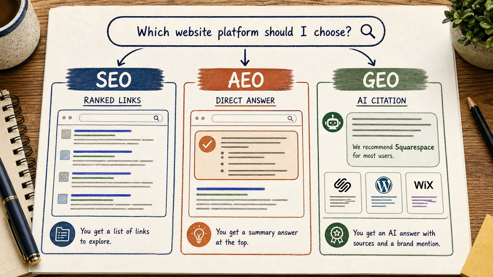 Three-column illustration comparing ranked links, direct answers, and AI citations