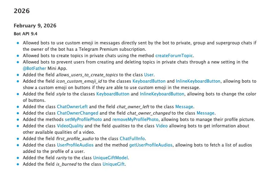 Estratto changelog Bot API con 9.3 e 9.4