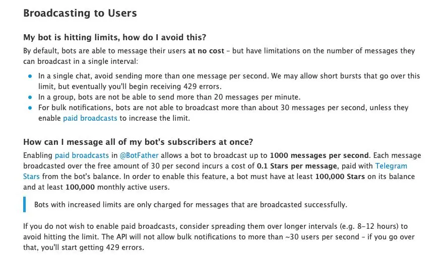 Estratto FAQ Bots con limiti e paid broadcasts