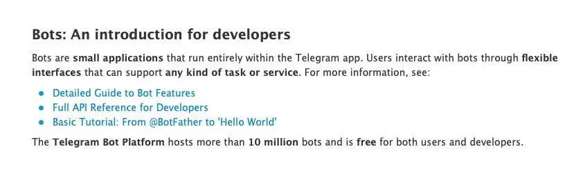 Pagina Telegram Bots intro con riferimento a 10+ milioni di bot