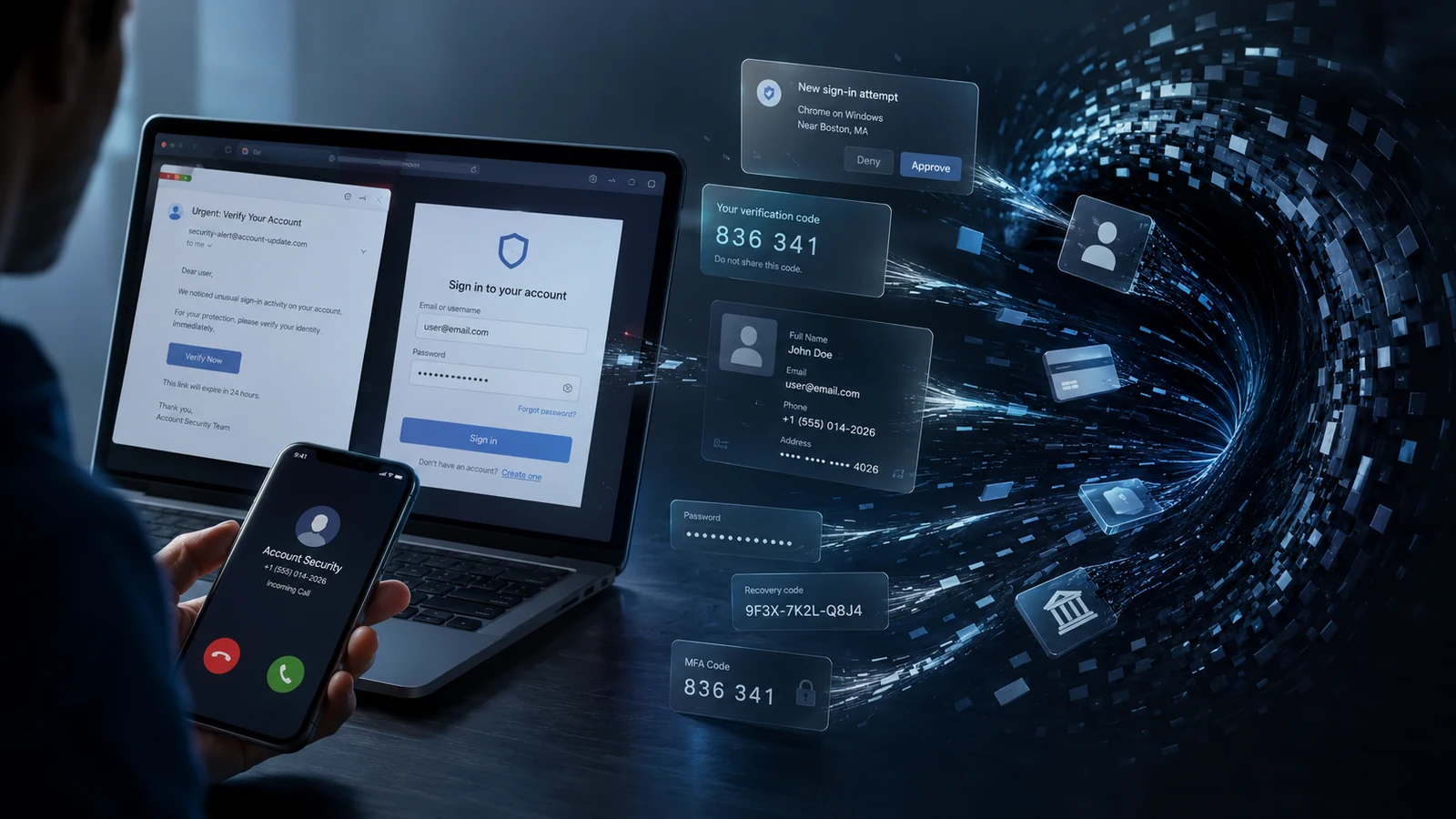 Credential-harvesting workflow showing email, phone, login prompts, MFA codes, and session data converging into attacker-controlled infrastructure