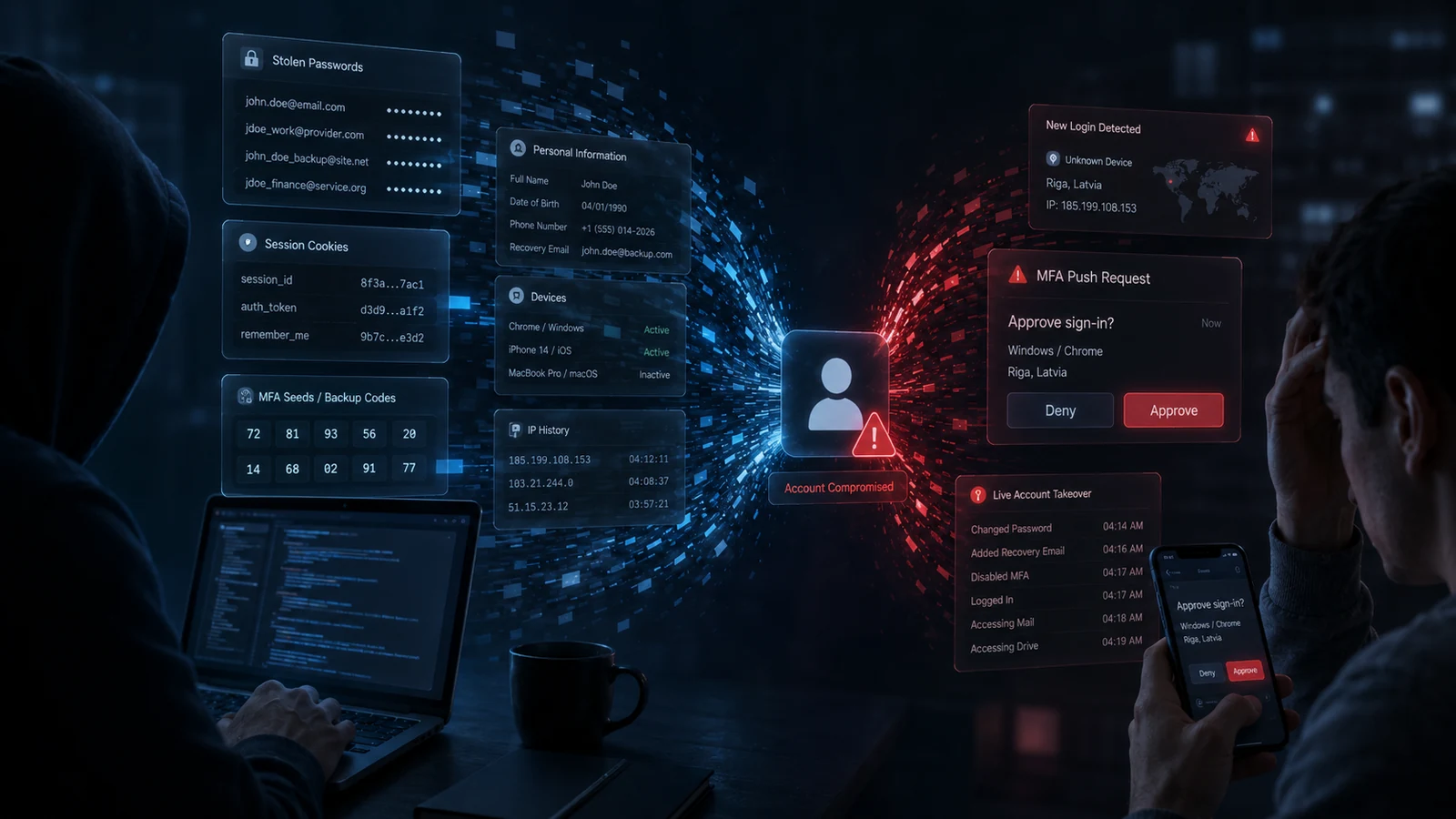Account takeover timeline showing stolen credentials turning into new device login, recovery changes, token creation, data access, and persistence