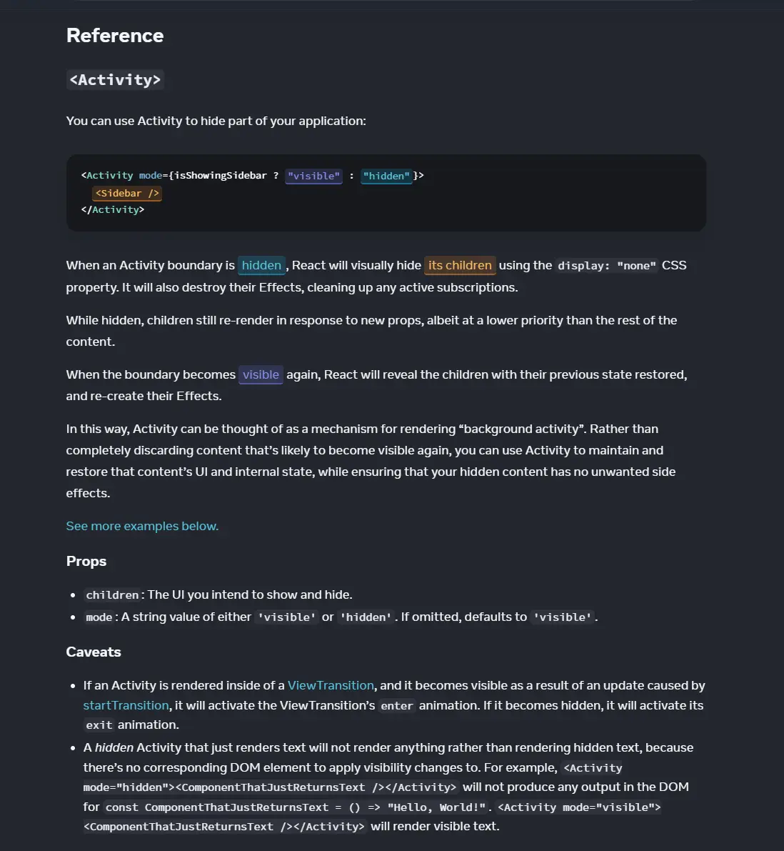 Pagina reference dei docs React per <Activity> con comportamento hidden/visible e caveat.