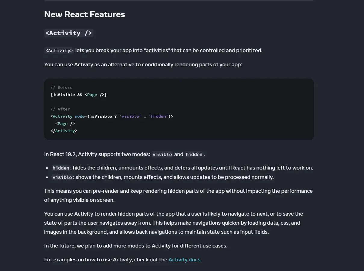 Sezione del post di React 19.2 che descrive modalità e comportamento di <Activity />.