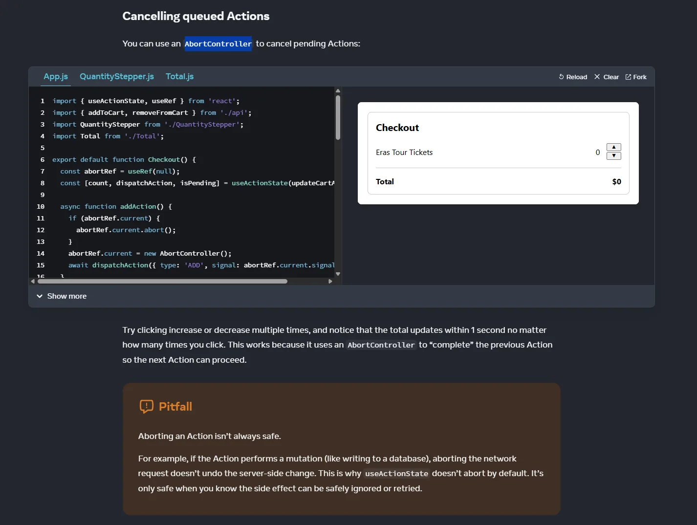 Screenshot React docs: cancellare queued Actions con AbortController e warning che abortire una request non annulla le mutation lato server