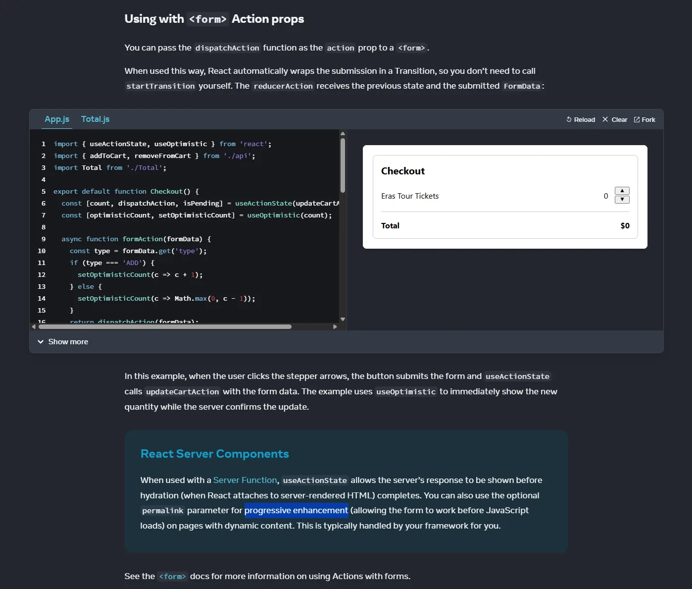 Screenshot React docs: uso di dispatchAction con <form action>, React avvolge il submit in una Transition e nota progressive enhancement con Server Functions