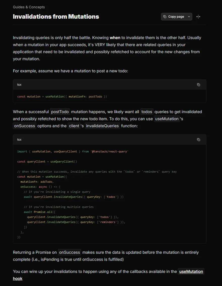 Screenshot TanStack Query docs: invalidations from mutations con onSuccess e invalidateQueries, incluso Promise.all per più chiavi
