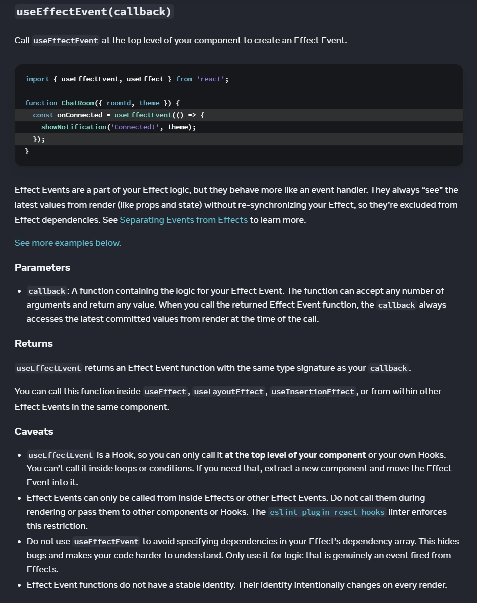 Screenshot delle React custom Hooks docs che mostra come avvolgere onReceiveMessage in useEffectEvent evita il reconnect churn