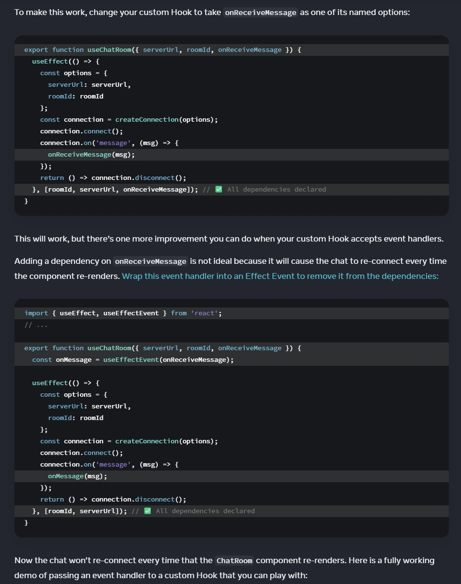 Screenshot della reference React useEffectEvent che mostra parameters, returns e caveats degli Effect Events