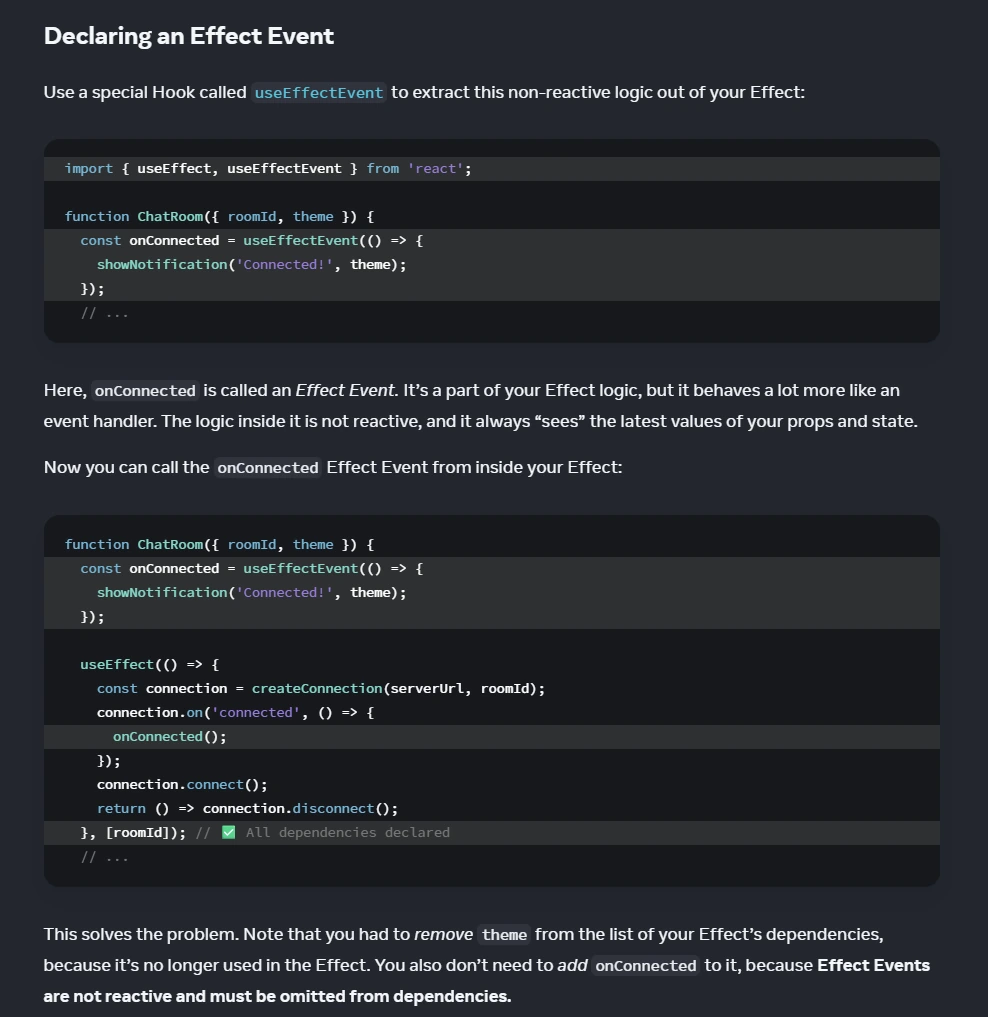 Screenshot della pagina React Learn che spiega che gli Effects sono un escape hatch e non ogni componente ne ha bisogno