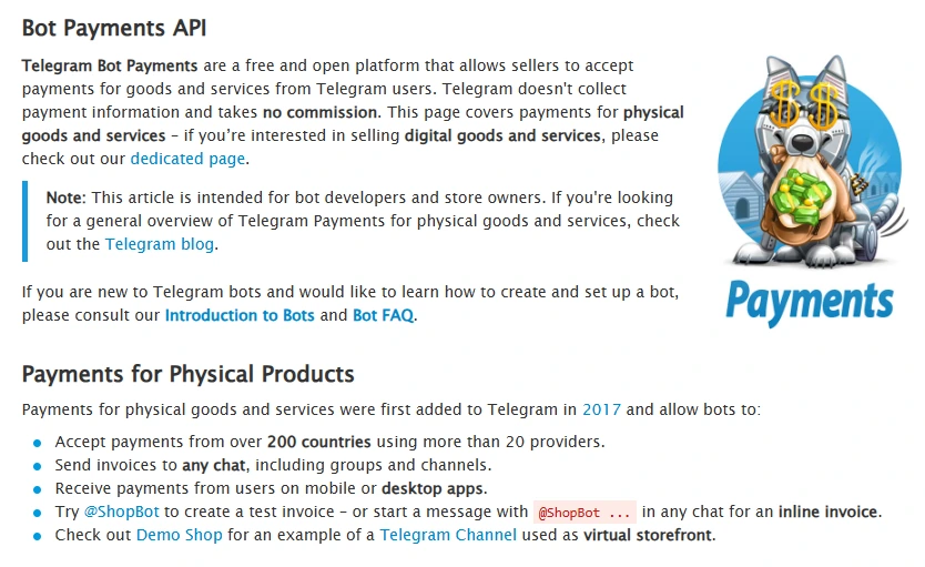 Snimka Telegram Bot Payments API-ja s napomenom da Telegram ne uzima proviziju
