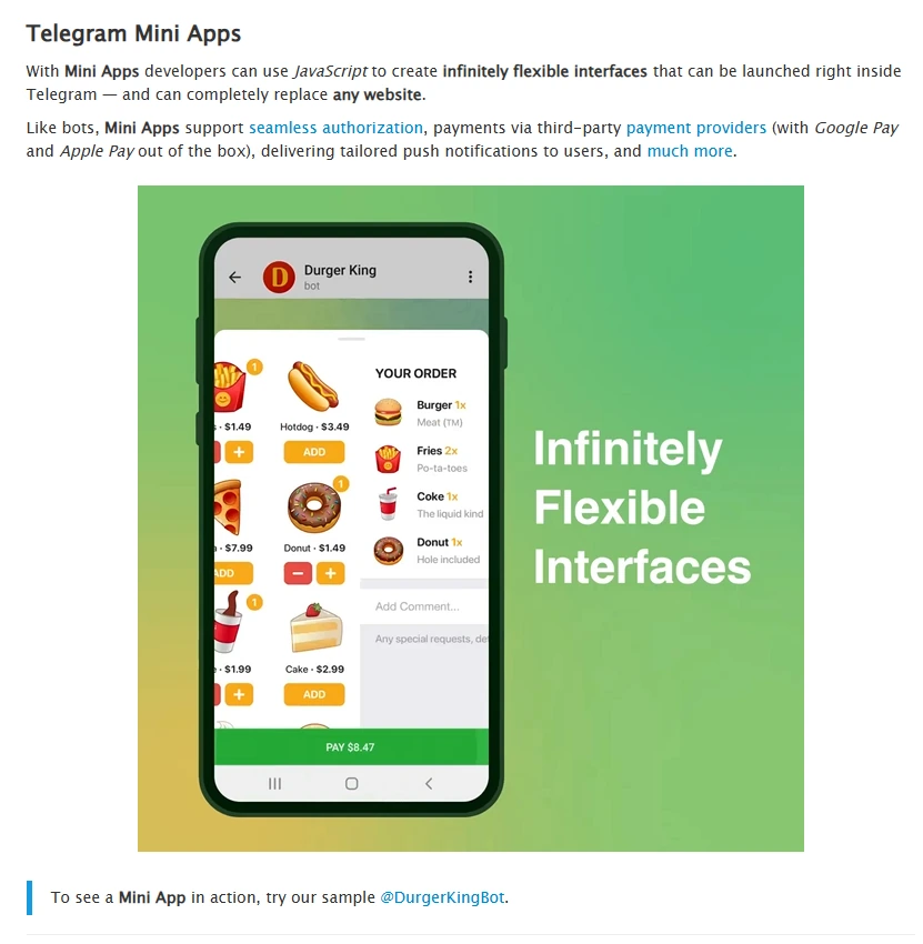 Snimka Telegram Mini Apps dokumentacije koja pokazuje da Mini Apps mogu zamijeniti web-stranicu bogatijim sučeljima