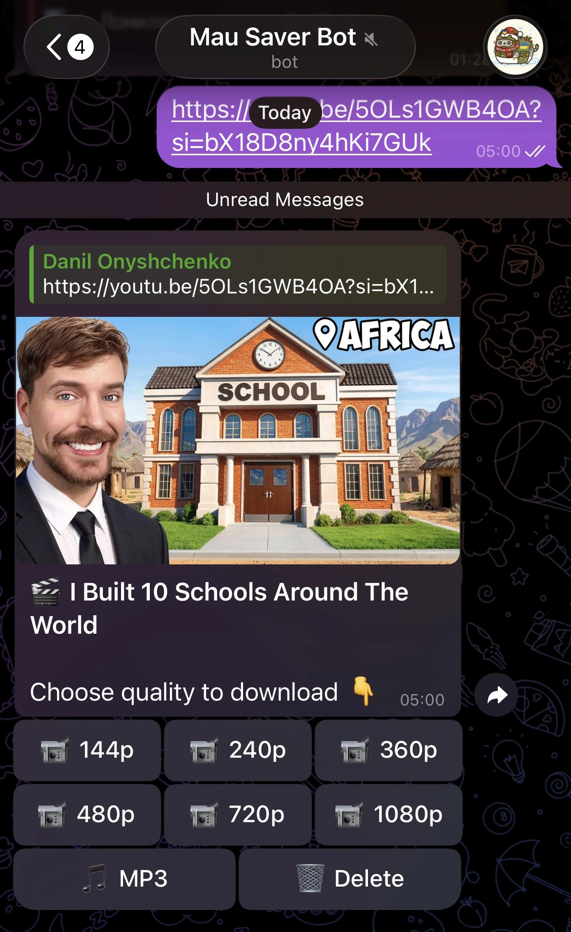 Mau Saver Telegram bot showing buttons after user sends a media link