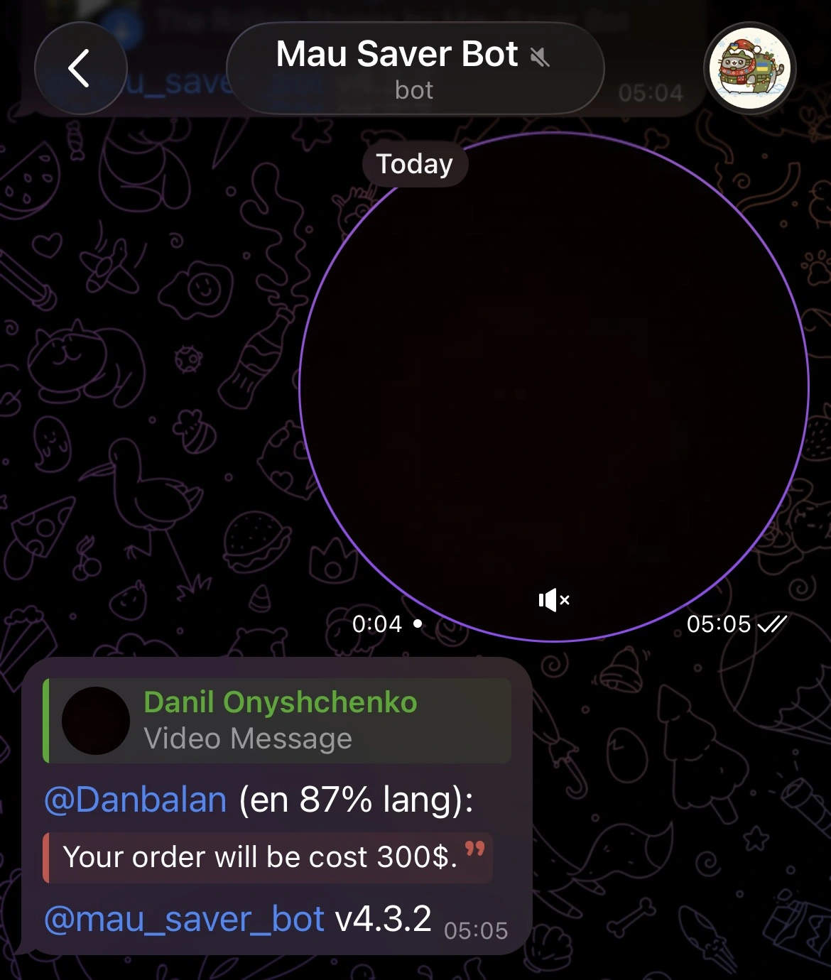 Mau Saver Telegram bot transcribing a long voice message to text