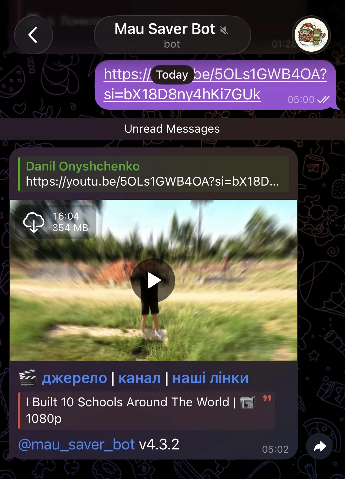 Mau Saver Telegram bot returning a processed video back into the chat